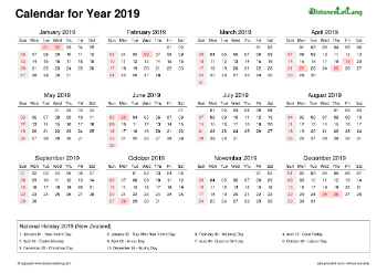 Calendar Horizintal Week Covered Line Grid Sun Sat Federal Holiday Nz 2019