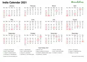 Calendar Horizintal Week Covered Line Grid Sun Sat Gazetted Holiday India Landscape 2021