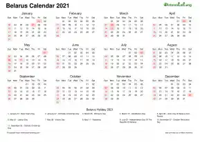 Calendar Horizintal Week Covered Line Grid Sun Sat National Holiday Belarus Landscape 2021