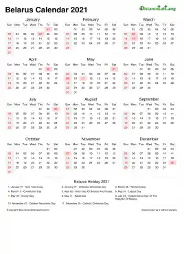 Calendar Horizintal Week Covered Line Grid Sun Sat National Holiday Belarus Portrait 2021