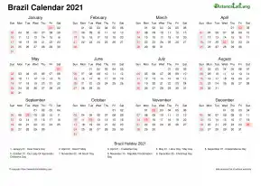 Calendar Horizintal Week Covered Line Grid Sun Sat National Holiday Brazil Landscape 2021