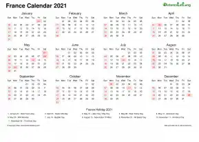 Calendar Horizintal Week Covered Line Grid Sun Sat National Holiday France Landscape 2021
