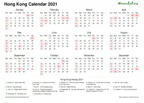 Calendar Horizintal Week Covered Line Grid Sun Sat National Holiday Hong Kong Landscape 2021