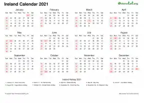 Calendar Horizintal Week Covered Line Grid Sun Sat National Holiday Ireland Landscape 2021