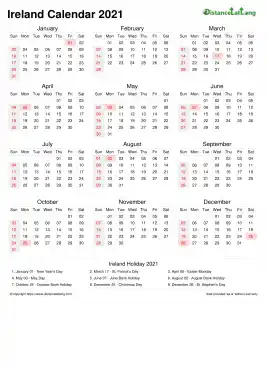 Calendar Horizintal Week Covered Line Grid Sun Sat National Holiday Ireland Portrait 2021