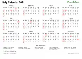 Calendar Horizintal Week Covered Line Grid Sun Sat National Holiday Italy Landscape 2021