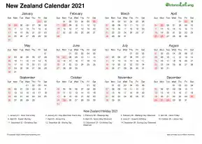 Calendar Horizintal Week Covered Line Grid Sun Sat National Holiday New Zealand Landscape 2021