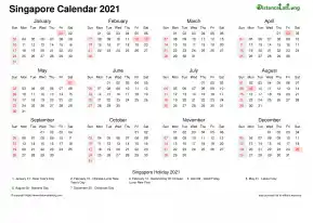 Calendar Horizintal Week Covered Line Grid Sun Sat National Holiday Singapore Landscape 2021