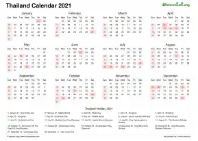 Calendar Horizintal Week Covered Line Grid Sun Sat National Holiday Thailand Landscape 2021