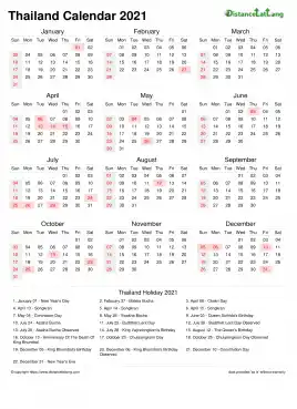 Calendar Horizintal Week Covered Line Grid Sun Sat National Holiday Thailand Portrait 2021