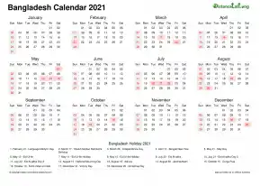 Calendar Horizintal Week Covered Line Grid Sun Sat Public Holiday Bangladesh Landscape 2021