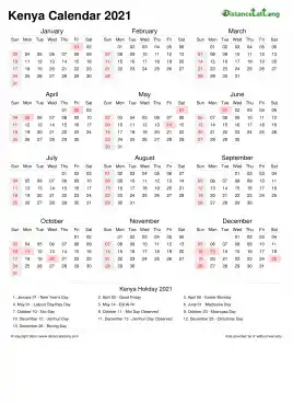 Calendar Horizintal Week Covered Line Grid Sun Sat Public Holiday Kenya Portrait 2021