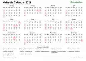 Calendar Horizintal Week Covered Line Grid Sun Sat Public Holiday Malaysia Landscape 2021