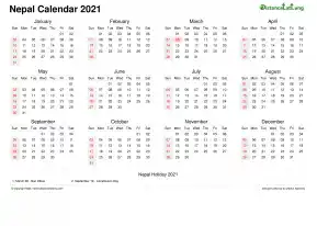 Calendar Horizintal Week Covered Line Grid Sun Sat Public Holiday Nepal Landscape 2021