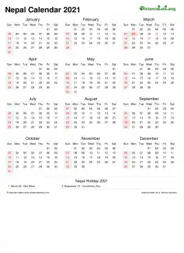 Calendar Horizintal Week Covered Line Grid Sun Sat Public Holiday Nepal Portrait 2021