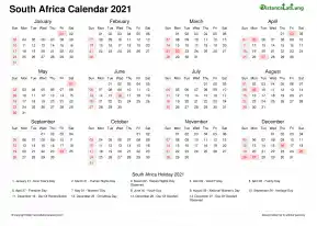 Calendar Horizintal Week Covered Line Grid Sun Sat Public Holiday South Africa Landscape 2021