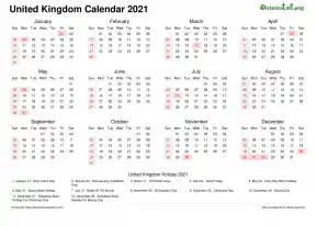 Calendar Horizintal Week Underline Sun Sat Bank Holiday United Kingdom Landscape 2021