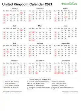 Calendar Horizintal Week Underline Sun Sat Bank Holiday United Kingdom Portrait 2021