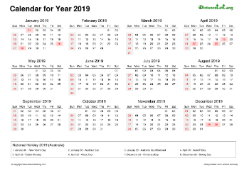 Calendar Horizintal Week Underline Sun Sat Federal Holiday Auz 2019