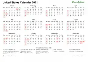 Calendar Horizintal Week Underline Sun Sat Federal Holiday United States Landscape 2021