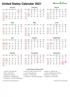 Calendar Horizintal Week Underline Sun Sat Federal Holiday United States Portrait 2021