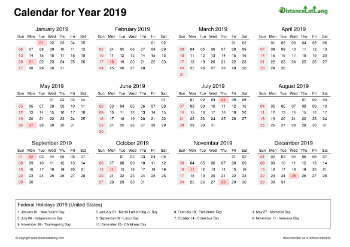 Calendar Horizintal Week Underline Sun Sat Federal Holiday Us 2019