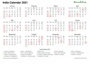 Calendar Horizintal Week Underline Sun Sat Gazetted Holiday India Landscape 2021