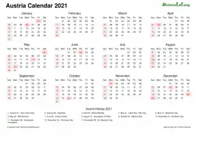 Calendar Horizintal Week Underline Sun Sat National Holiday Austria Landscape 2021