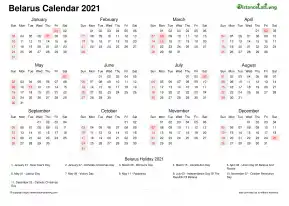 Calendar Horizintal Week Underline Sun Sat National Holiday Belarus Landscape 2021