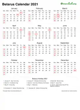 Calendar Horizintal Week Underline Sun Sat National Holiday Belarus Portrait 2021