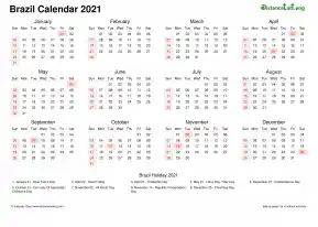 Calendar Horizintal Week Underline Sun Sat National Holiday Brazil Landscape 2021