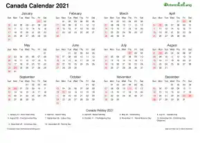 Calendar Horizintal Week Underline Sun Sat National Holiday Canada Landscape 2021