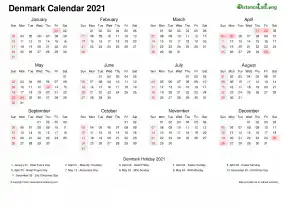 Calendar Horizintal Week Underline Sun Sat National Holiday Denmark Landscape 2021