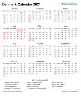 Calendar Horizintal Week Underline Sun Sat National Holiday Denmark Portrait 2021