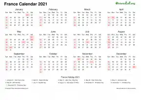 Calendar Horizintal Week Underline Sun Sat National Holiday France Landscape 2021