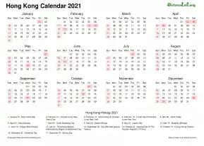 Calendar Horizintal Week Underline Sun Sat National Holiday Hong Kong Landscape 2021