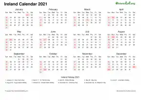Calendar Horizintal Week Underline Sun Sat National Holiday Ireland Landscape 2021