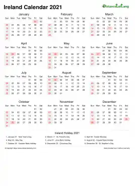 Calendar Horizintal Week Underline Sun Sat National Holiday Ireland Portrait 2021