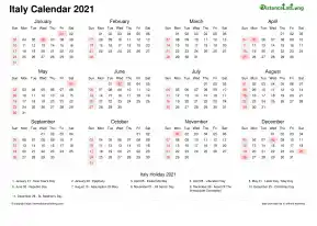 Calendar Horizintal Week Underline Sun Sat National Holiday Italy Landscape 2021