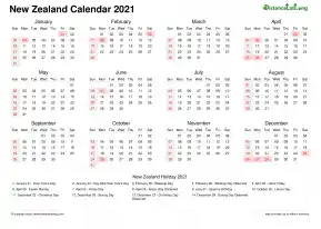Calendar Horizintal Week Underline Sun Sat National Holiday New Zealand Landscape 2021