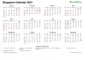 Calendar Horizintal Week Underline Sun Sat National Holiday Singapore Landscape 2021