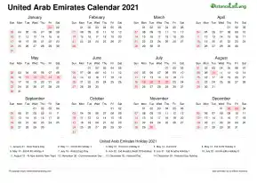 Calendar Horizintal Week Underline Sun Sat National Holiday United Arab Emirates Landscape 2021
