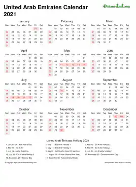 Calendar Horizintal Week Underline Sun Sat National Holiday United Arab Emirates Portrait 2021