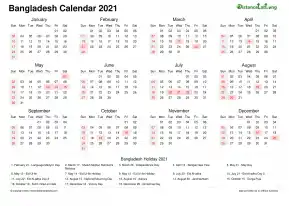 Calendar Horizintal Week Underline Sun Sat Public Holiday Bangladesh Landscape 2021