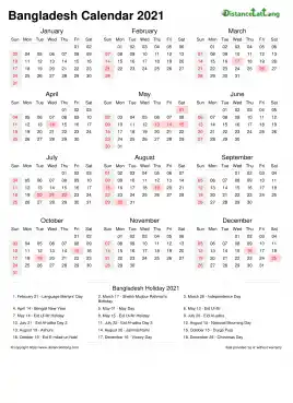 Calendar Horizintal Week Underline Sun Sat Public Holiday Bangladesh Portrait 2021