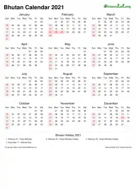 Calendar Horizintal Week Underline Sun Sat Public Holiday Bhutan Portrait 2021