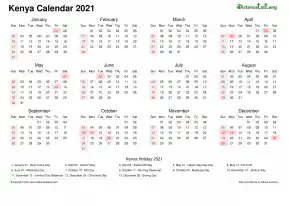Calendar Horizintal Week Underline Sun Sat Public Holiday Kenya Landscape 2021
