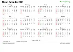 Calendar Horizintal Week Underline Sun Sat Public Holiday Nepal Landscape 2021