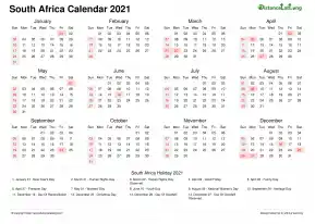 Calendar Horizintal Week Underline Sun Sat Public Holiday South Africa Landscape 2021