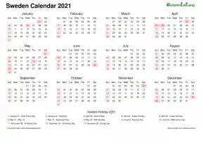 Calendar Horizintal Week Underline Sun Sat Public Holiday Sweden Landscape 2021